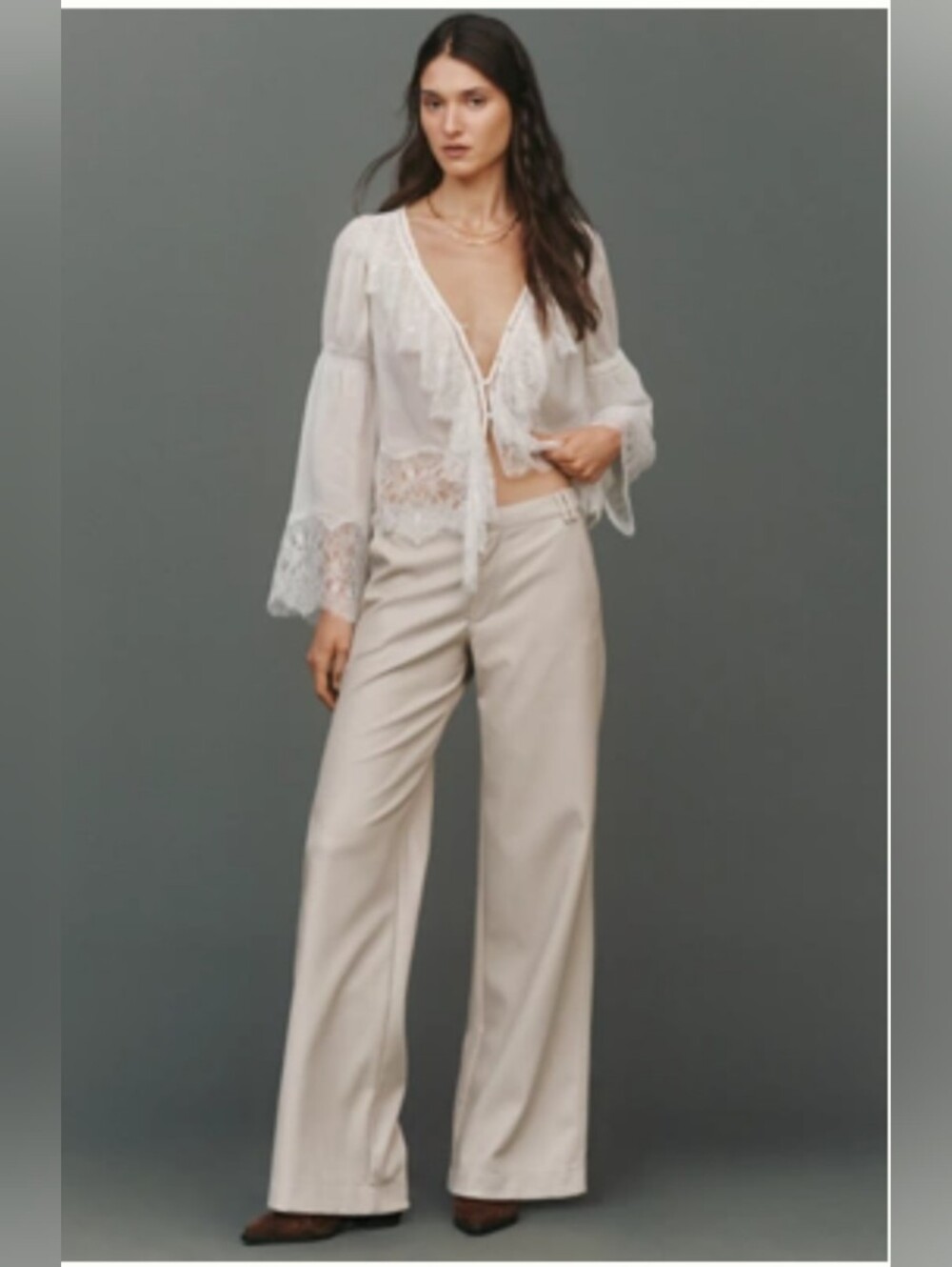 NWT Anthropologie PILCRO Wide-Leg Cream FAUX LEATHER low Rise Trousers 26P